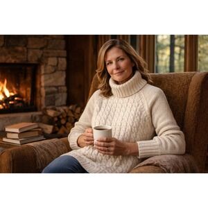 Falls Creek Chunky Fisherman Cable Knit Turtleneck Sweater – Cream – Women's 1X